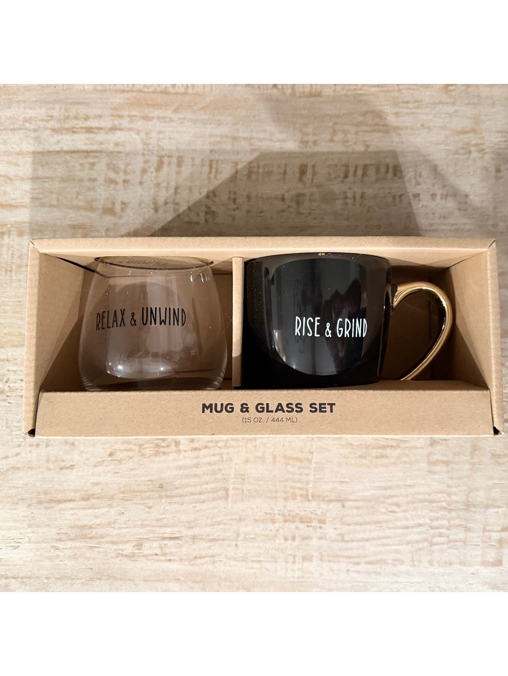Be Our Guest Mug & Glass Set 15 oz Rise & Grind Relax & Unwind Black Gold